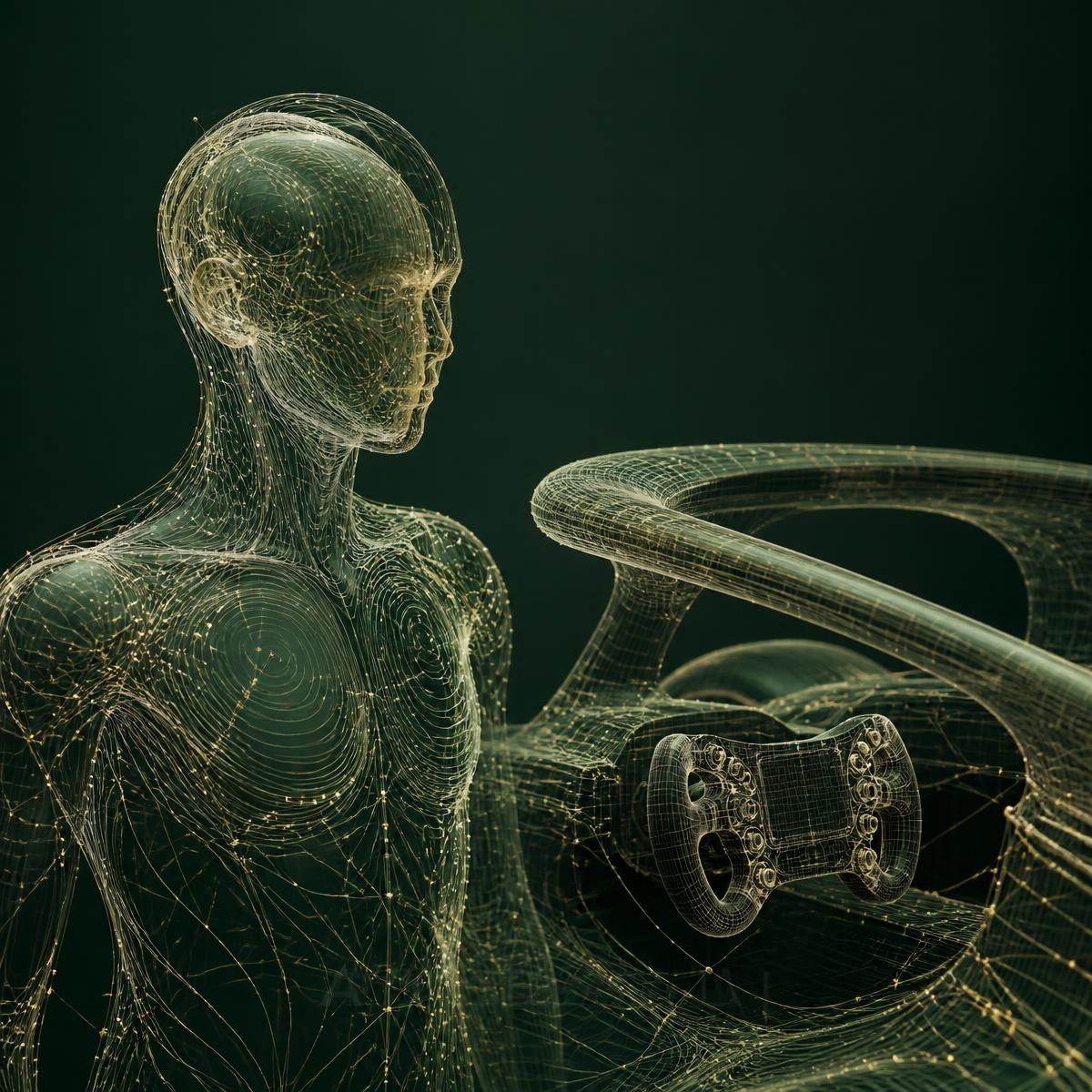 Wireframe human form beside a Formula 1 steering wheel and halo geometry
