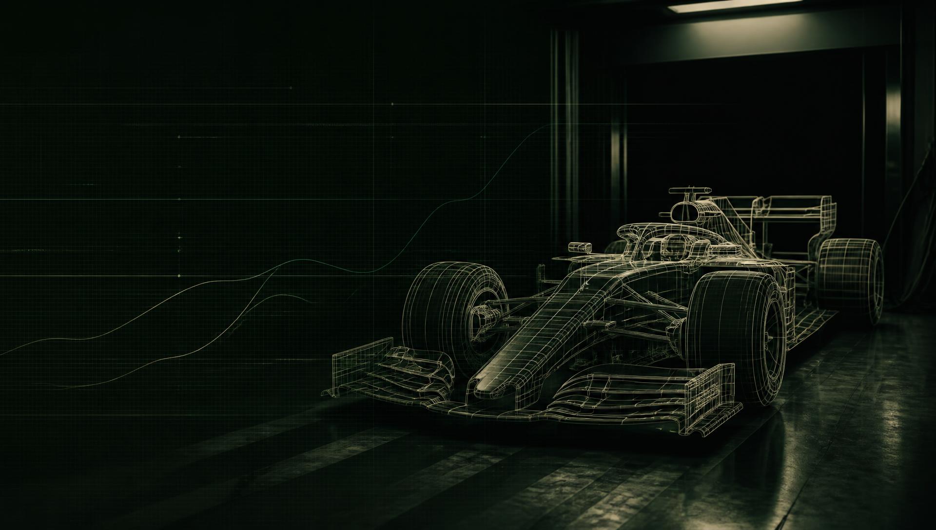 Wireframe rendering of a Formula 1 car in a darkened pit box with telemetry traces