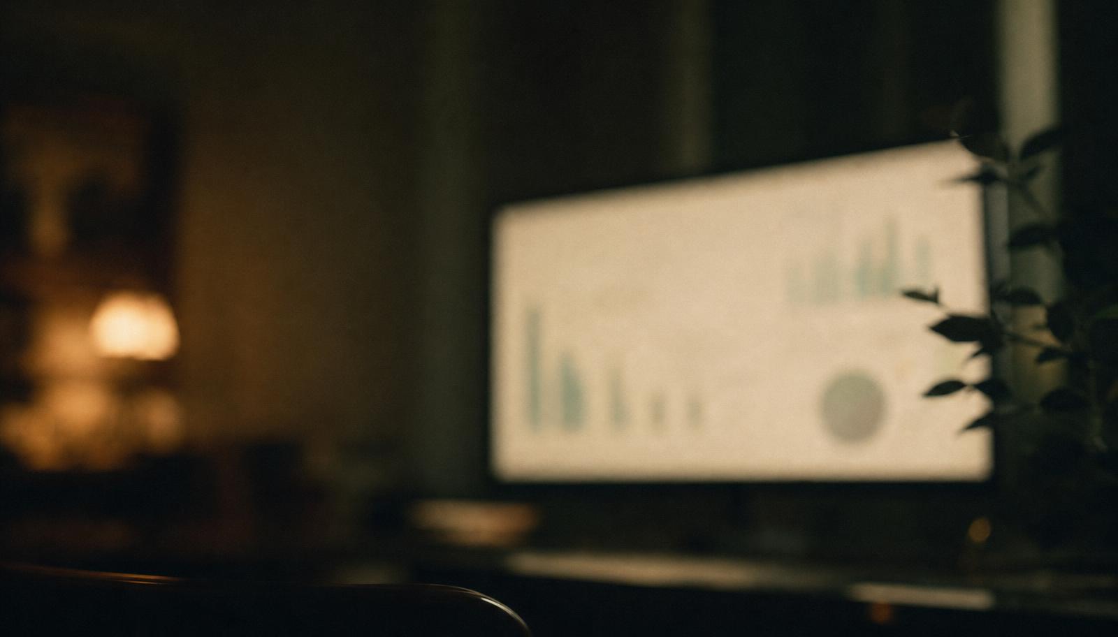 A blurred people-analytics dashboard on a screen in a darkened meeting room