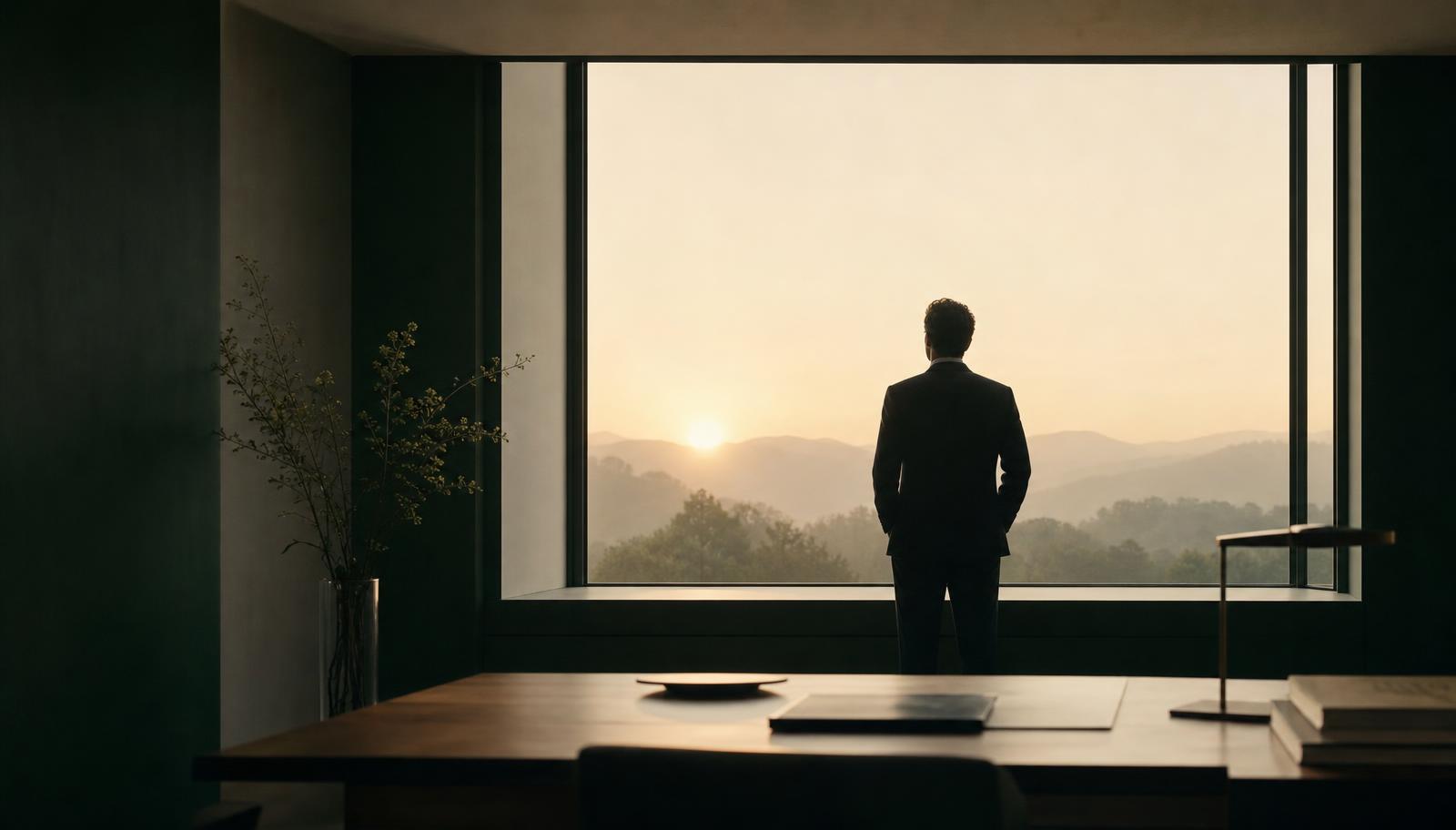 An executive standing alone at a wide office window at dawn, looking out over misty hills