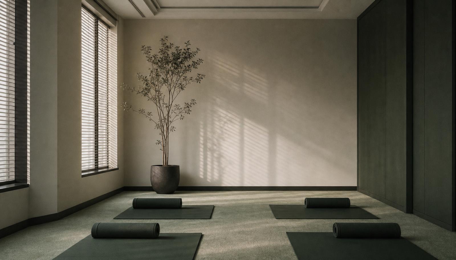 An empty, dimly lit corporate meditation room with a single abandoned yoga mat